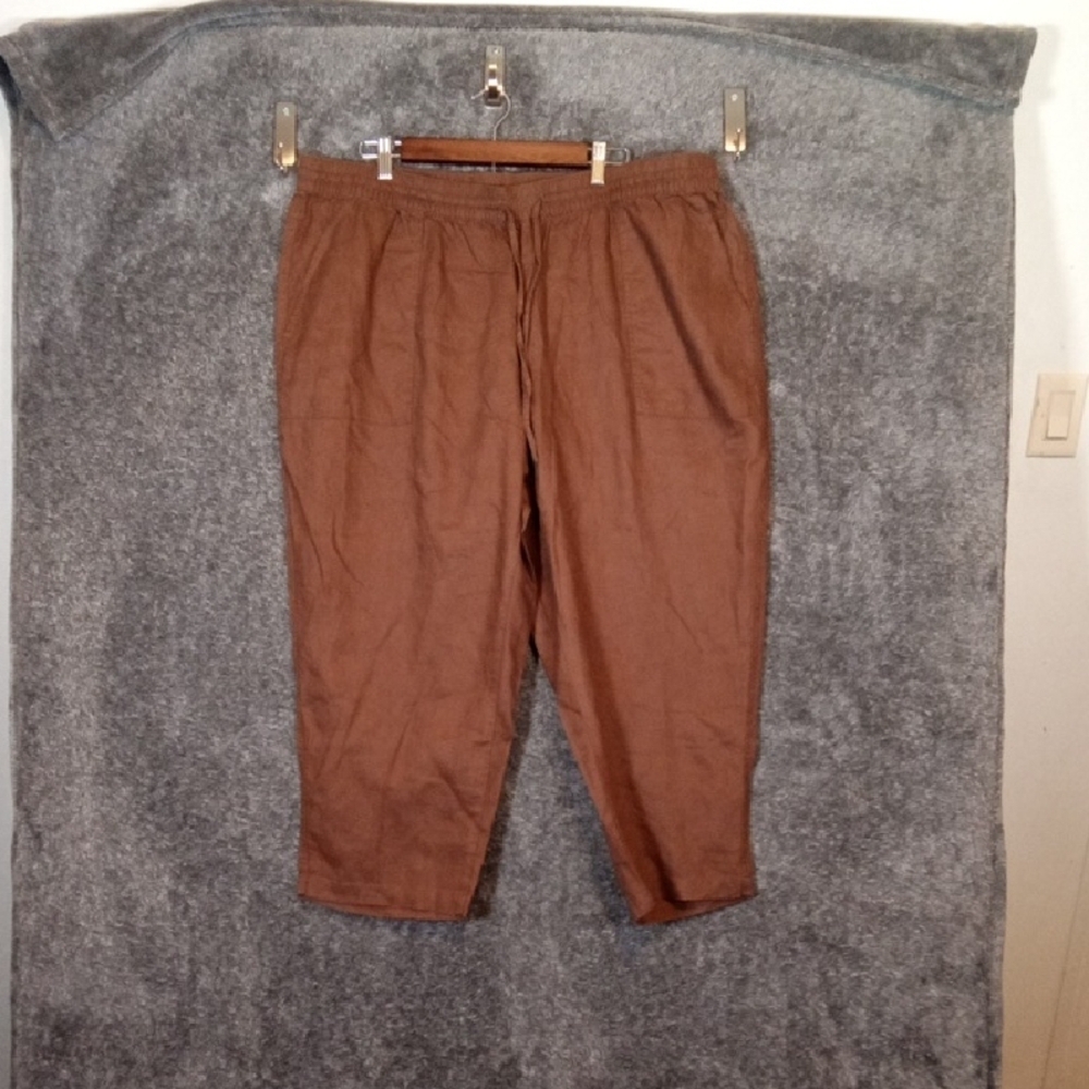 Lands' End Womens High Rise Pull On Crop Pants Chocolate Brown Linen Size22w